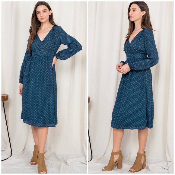 LAST ONE❗️ROKOKO Dark Teal Polka Dot Flowy Midi Dress - Picture 7 of 10